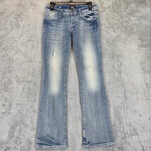 Rerock for Express Jeans Womens 2 Blue Bootcut Stretch Distressed Embroidered